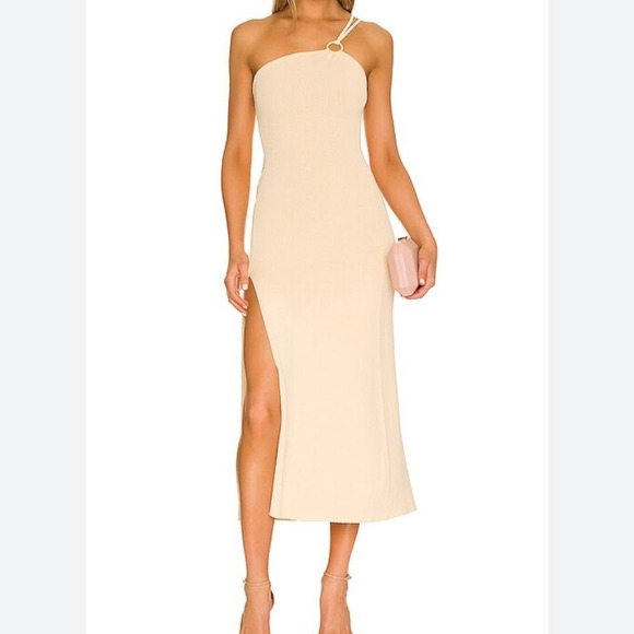 For Love & Lemons Keisha Midi Dress Tan Size MEDIUM Ribbed Cut-Out Back Slit NWT
